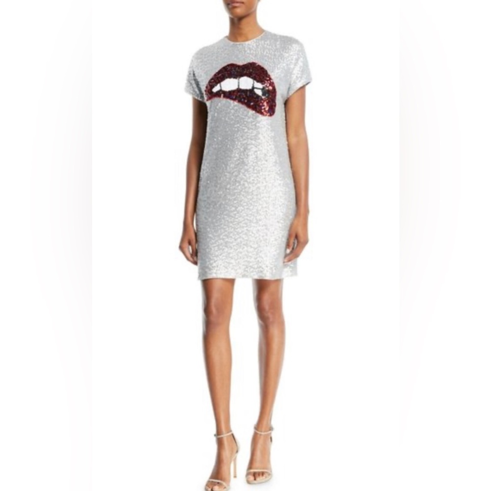 Aidan Mattox Silver Sequin Mini Dress w/ Lips